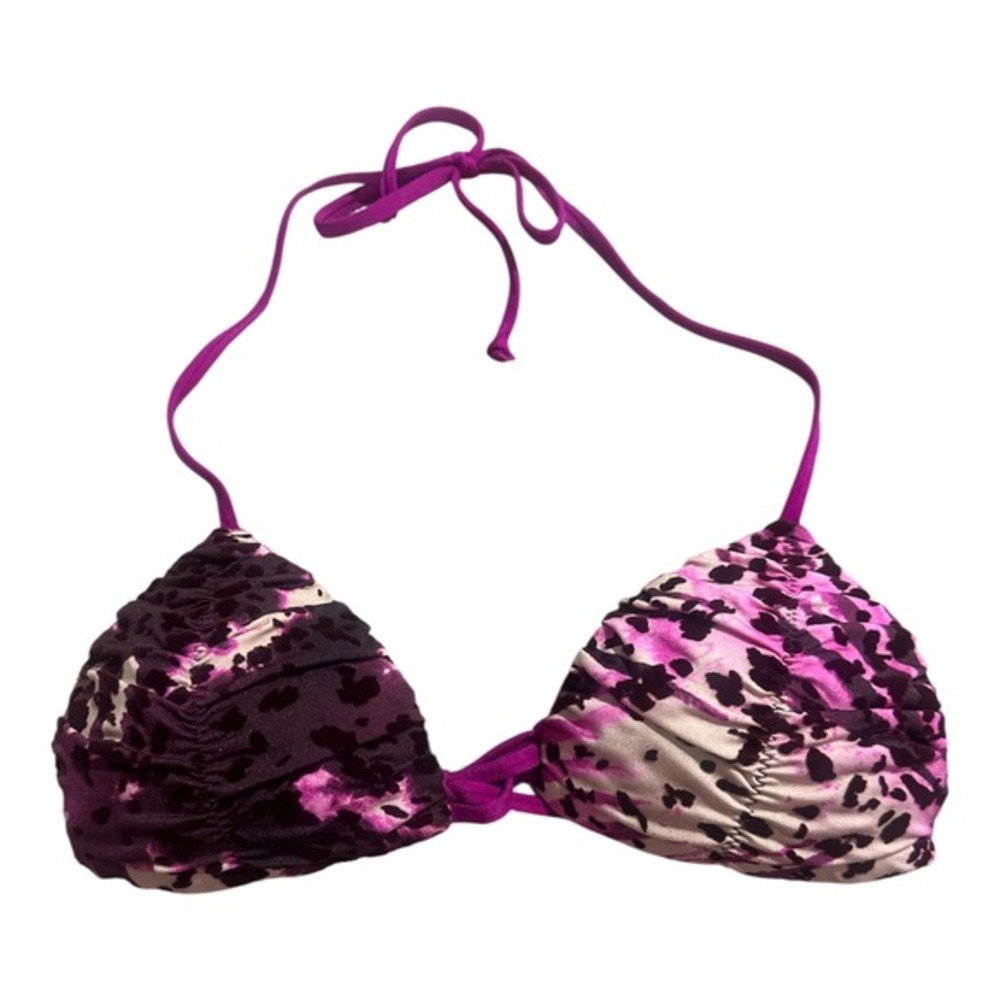 A.Che Womens‎ XS Purple Black Animal Print Ruched Triangle Halter Bikini Top